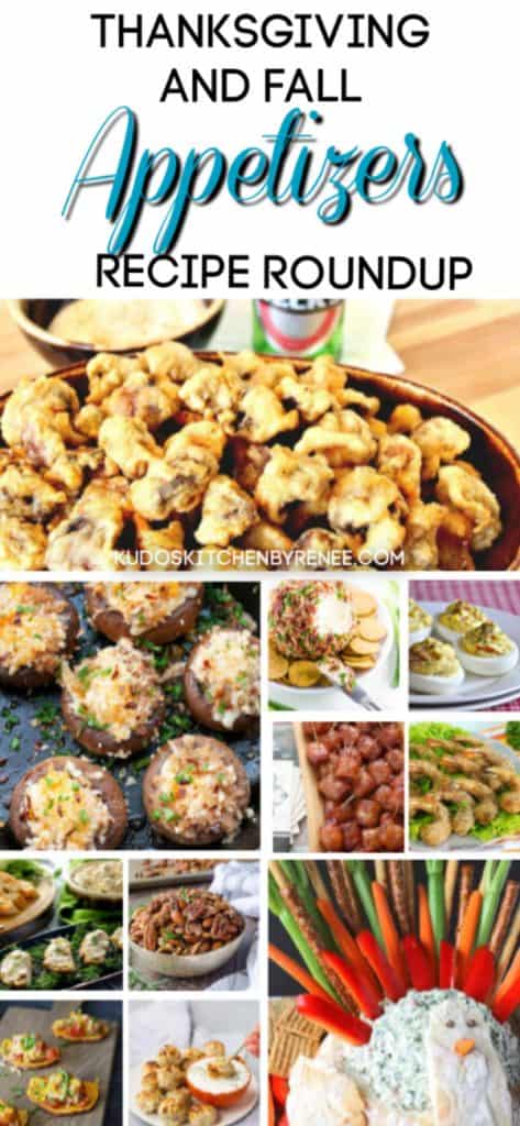 Title text vertical hoto collage of Thanksgiving appetizers recipe roundup