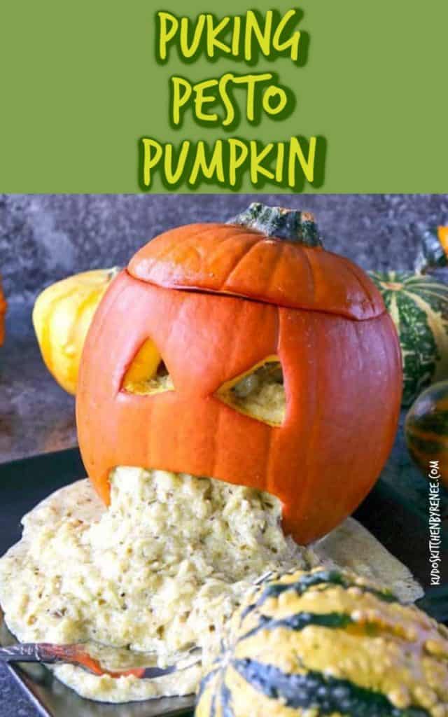 Vertical title text closeup image of a basil pesto spaghetti squash puking pumpkin for Halloween.