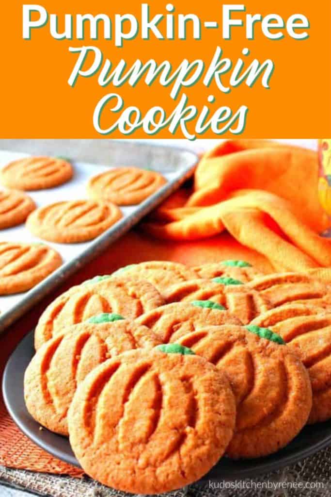 Vertical title text image of a closeup of pumpkin free pumpkin cookies on a plate.