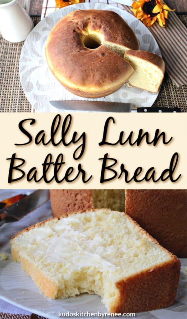 A vertical title text collage image of Sally Lunn Batter bread with butter and a serrated knife.