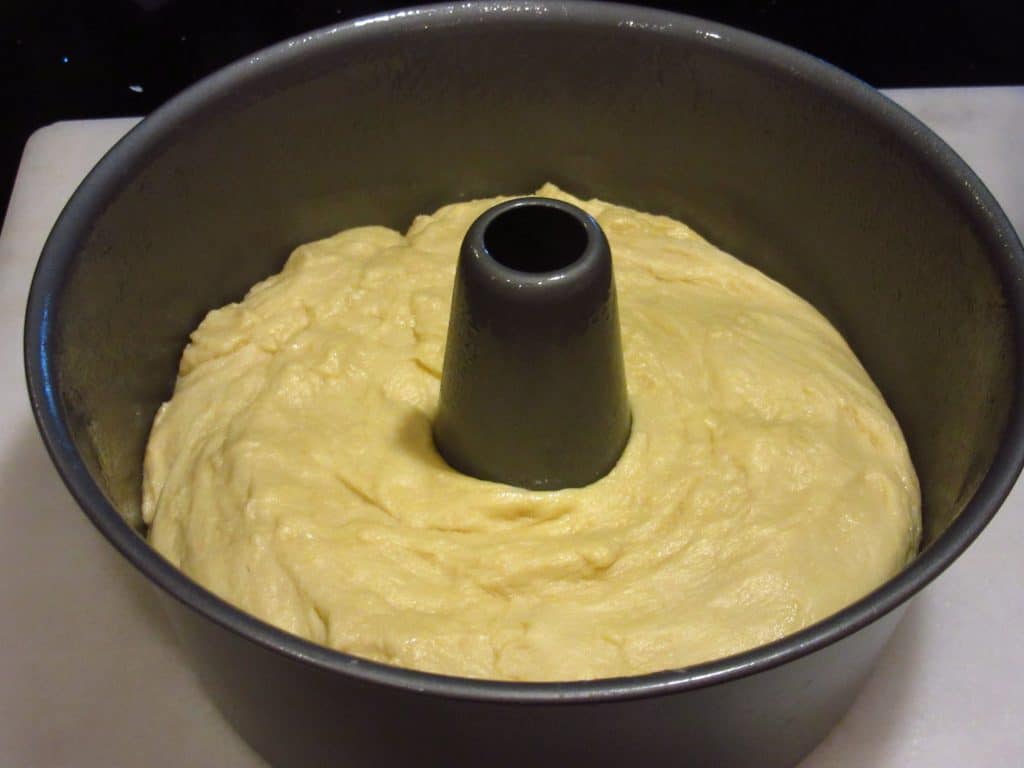 A batter bread in an angel food cake pan.