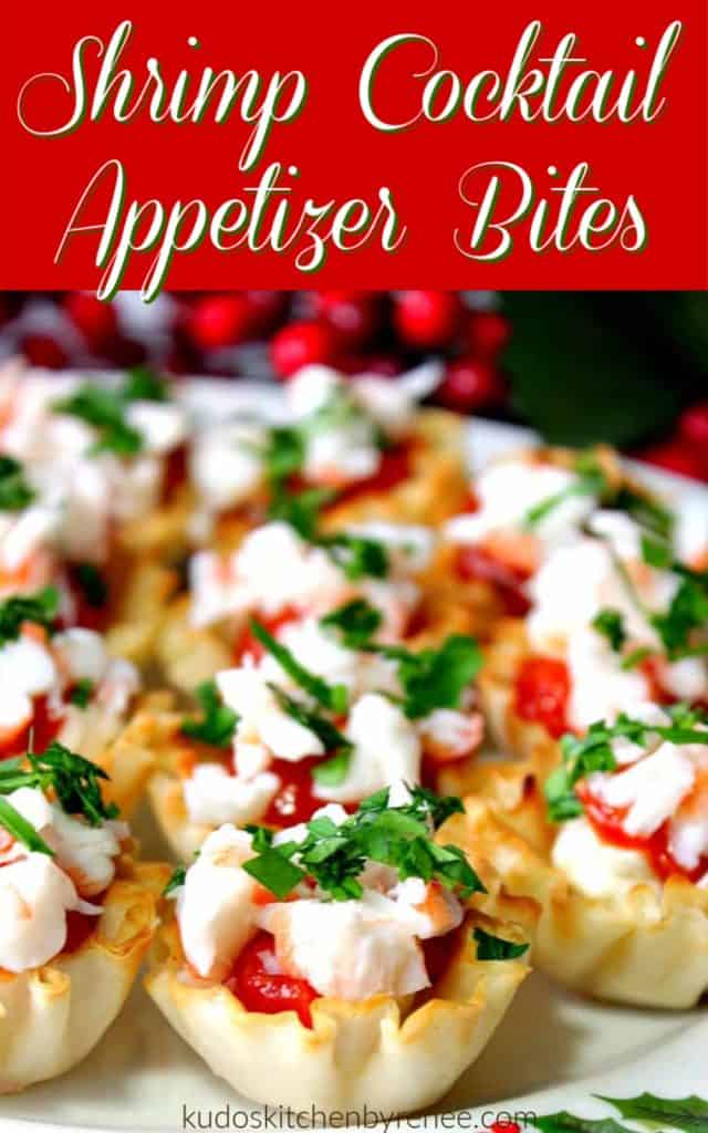Vertical title text closeup image of  easy shrimp cocktail appetizer bites.