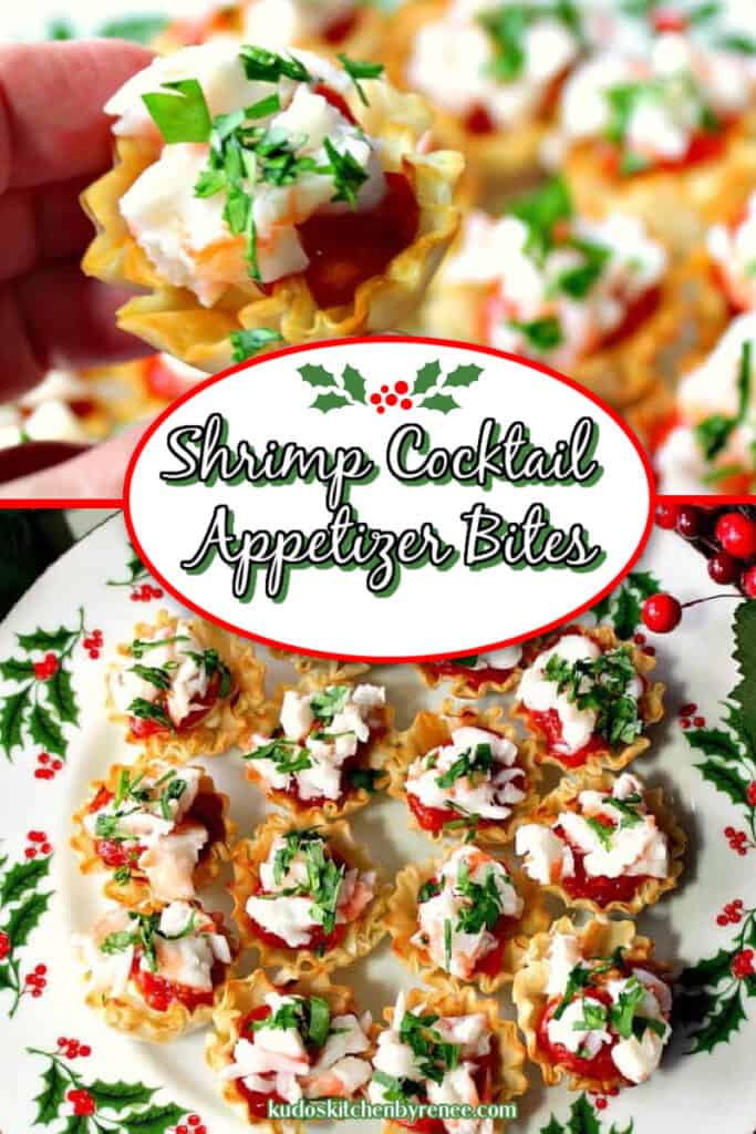 A vertical collage for showcasing Shrimp Cocktail Appetizer Bites in festive colors with a title text overlay graphic