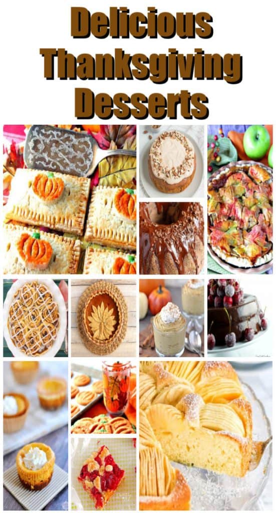 Vertical title text collage images of Thanksgiving desserts recipe roundup.