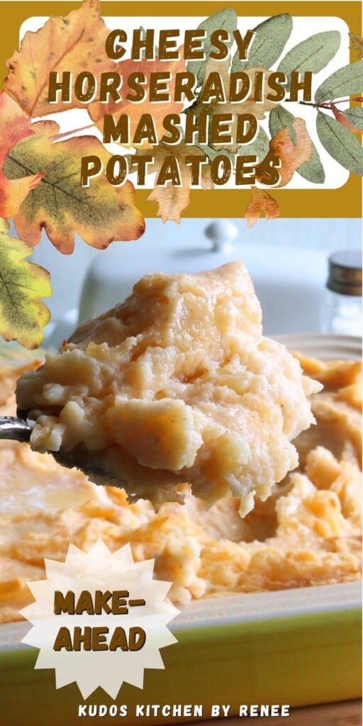 A Pinterest image of Cheesy Horseradish Mashed Potatoes with a title text.