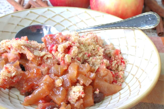 Closeup horizontal photo of a cinnamon apple crisp in a bowl with a spoon.