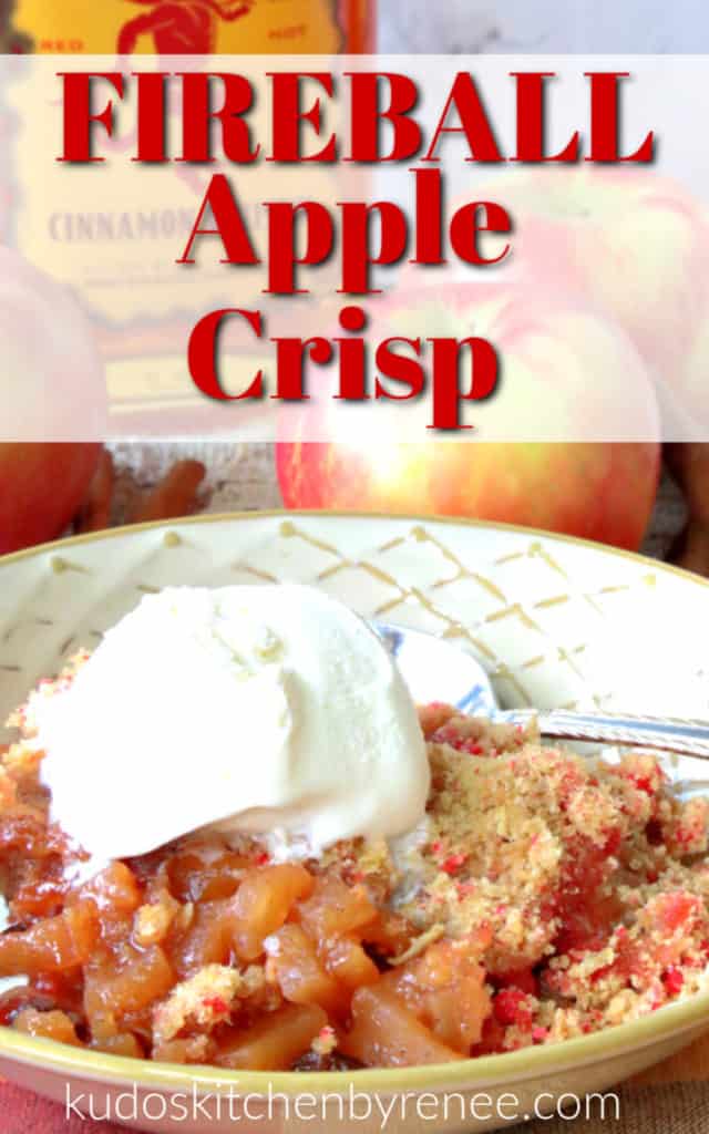 Vertical title text image of a closeup photo of fireball apple crisp with a spoon and vanilla ice cream.