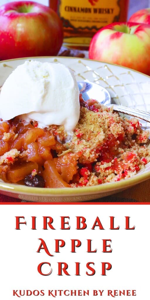 A Pinterest image for Fireball Apple Crisp along with a title text.