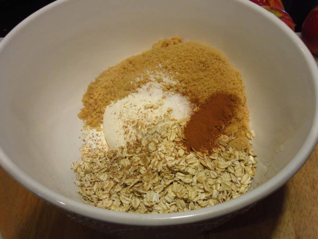 Oatmeal and dry ingredients in a large white bowl.