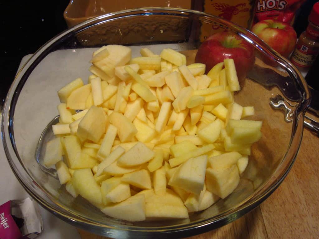 Diced apples in a bowl.