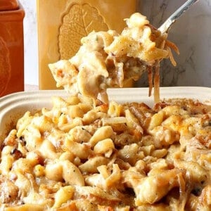 A spoon full of French Onion Mac and Cheese being served.