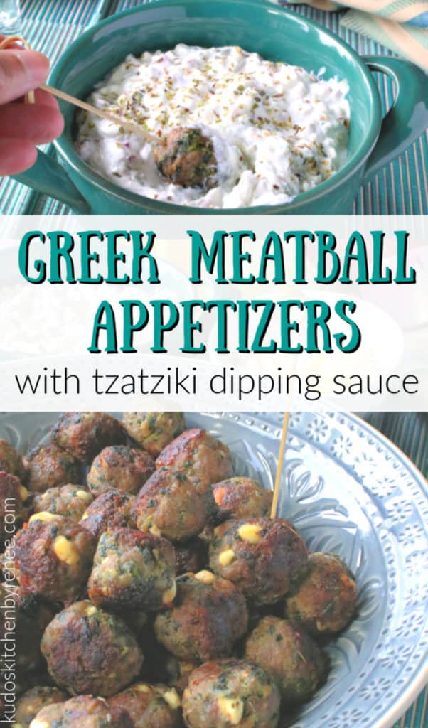 Vertical title text collage image of Greek meatball appetizers with tzatziki dipping sauce and dried oregano.