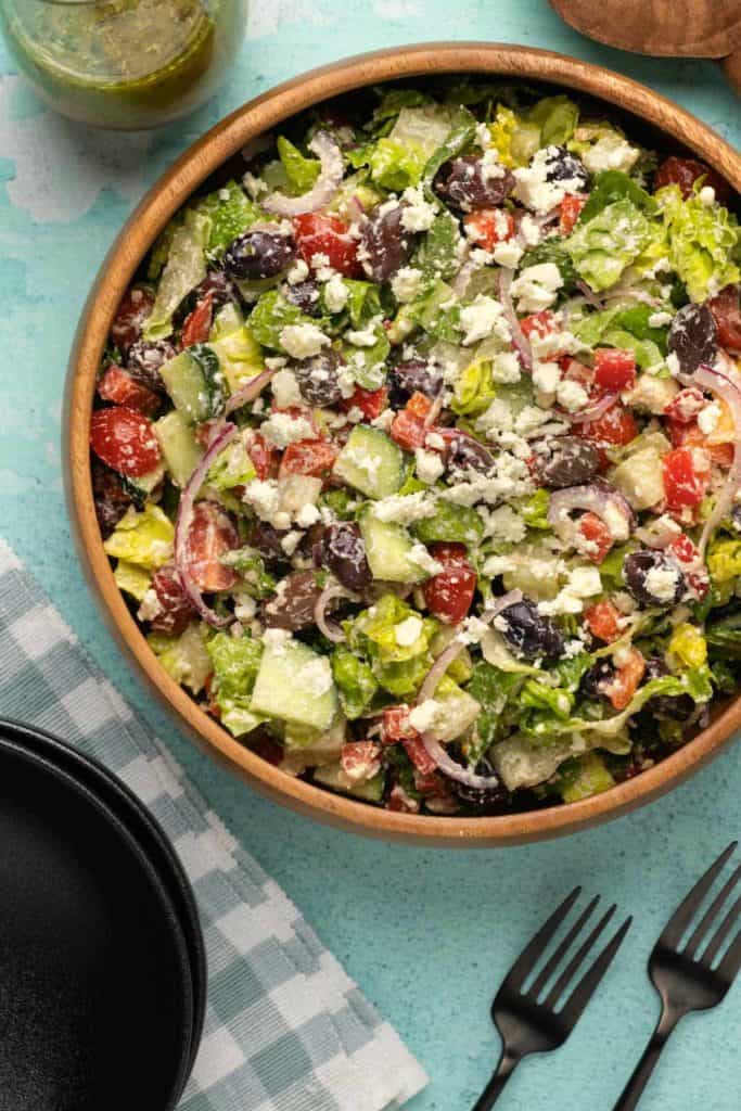 Overhead photo of a Greek salad. Healthy salad recipe roundup