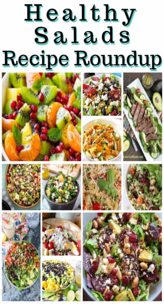 Title text vertical collage images of healthy salads recipe roundup.