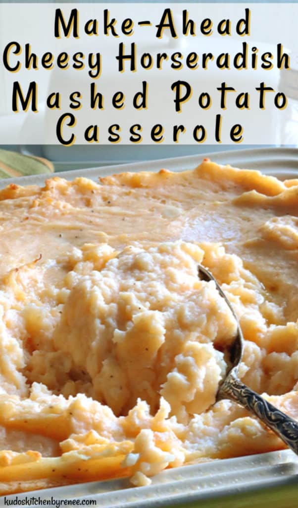 Vertical title text image of a closeup photo of cheesy mashed potato casserole with melted butter and a serving spoon.
