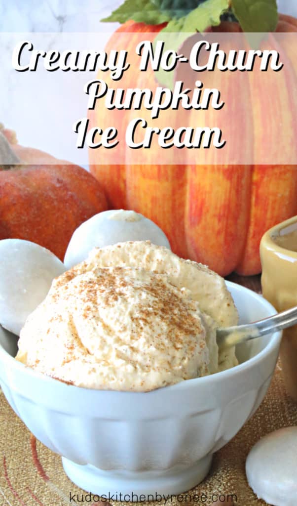 No churn pumpkin ice cream with pumpkins in the background and a spoon.