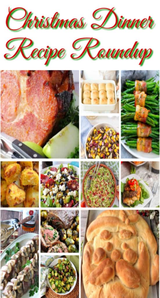 Vertical title text collage image of Christmas dinner Recipe Roundup.