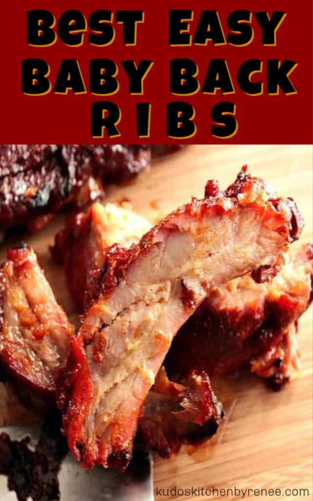 Vertical title text closeup image of easy oven baby back ribs recipe.