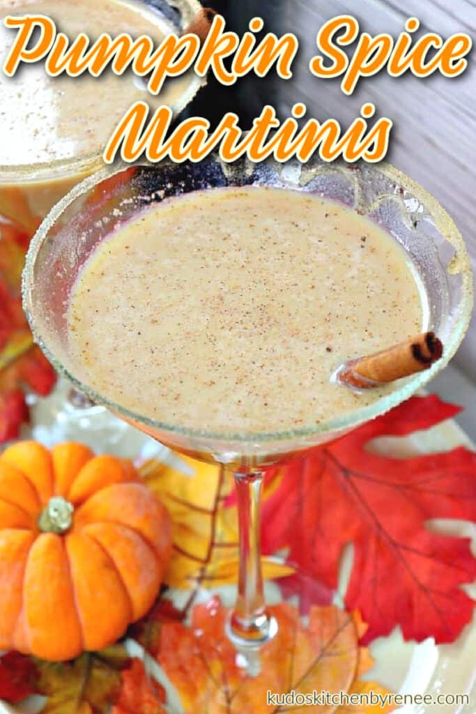 A vertical overhead closeup of a Pumpkin Spice Martinis recipe with baby pumpkins and autumn leaves on the ground.