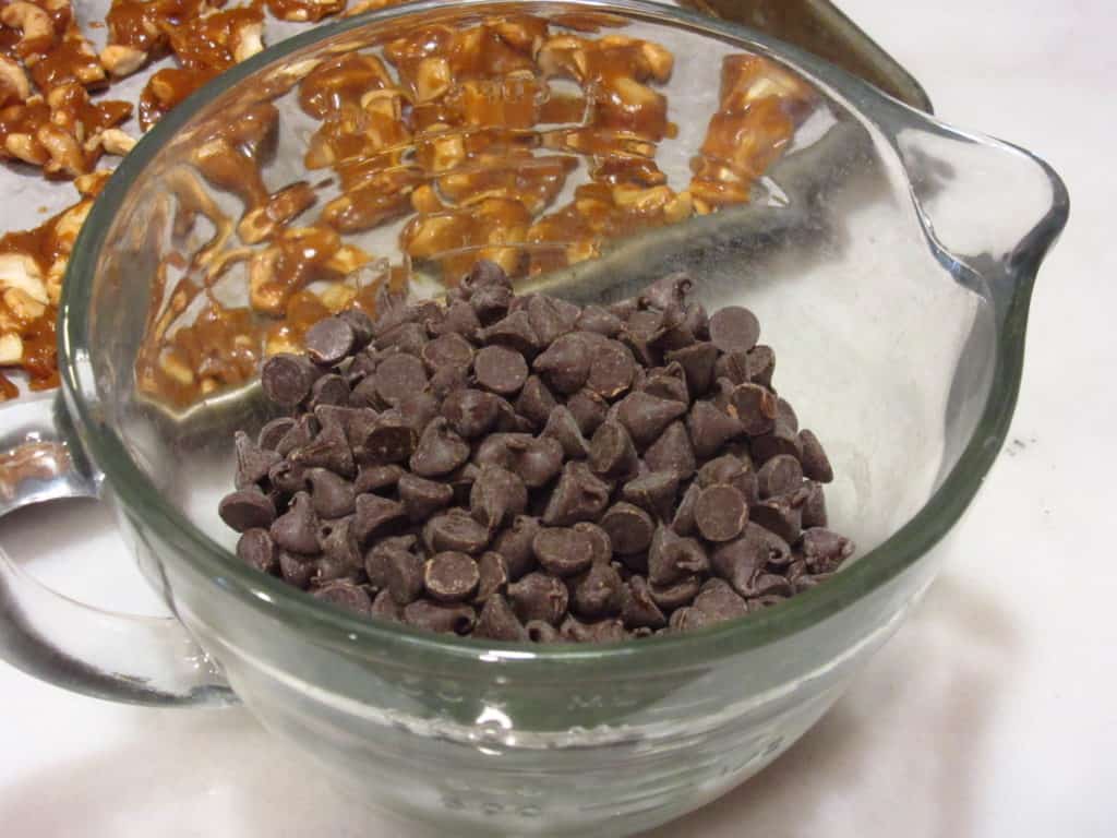 Chocolate chips in a glass bowl.