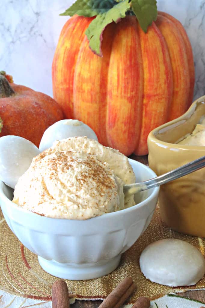 A vertical closeup photo of a small dish of pumpkin ice cream with pumpkins in the background and a sprinkling of cinnamon on top.