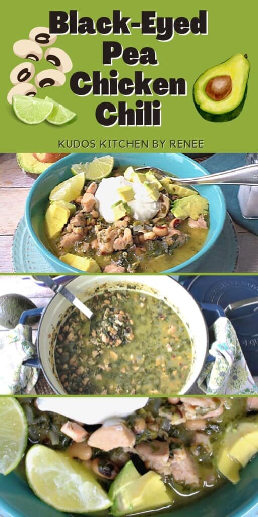 A Pinterest image of Black-Eyed Pea Chicken Chili with a title text graphic.