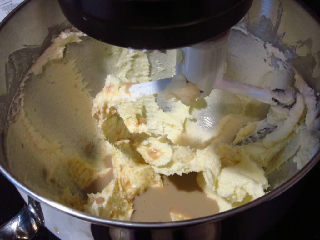 Cookie batter in a stand mixer.