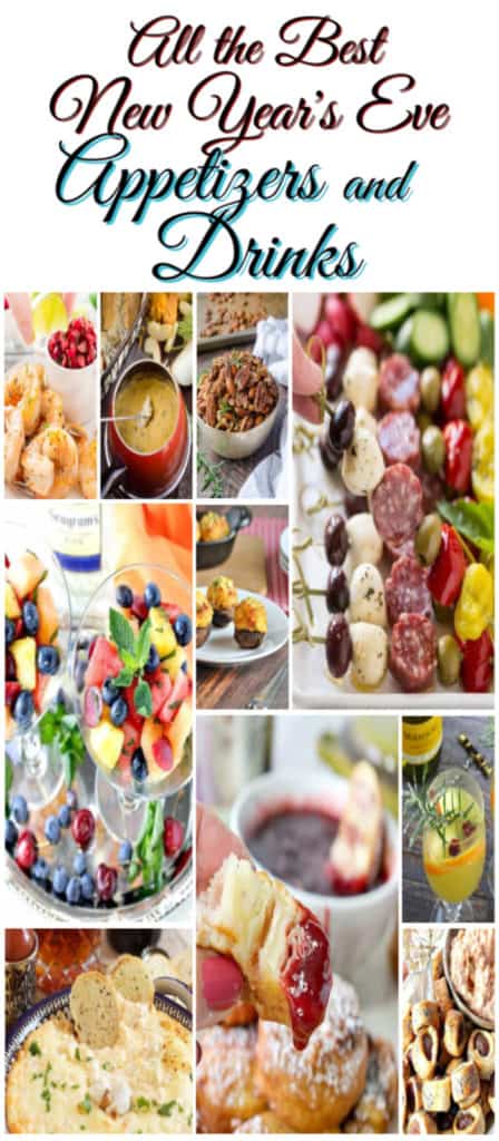 Vertical title text collage image of New Year's Eve appetizers and cocktail recipe roundup.