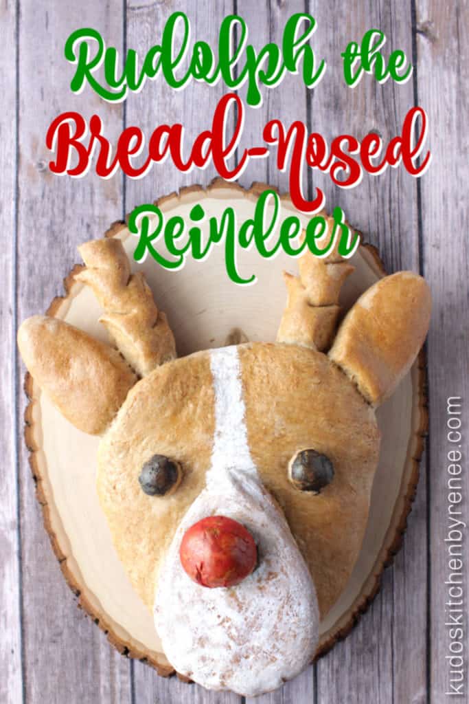 Vertical title text image of Rudolph bread with a colorful red nose on a wooden board.