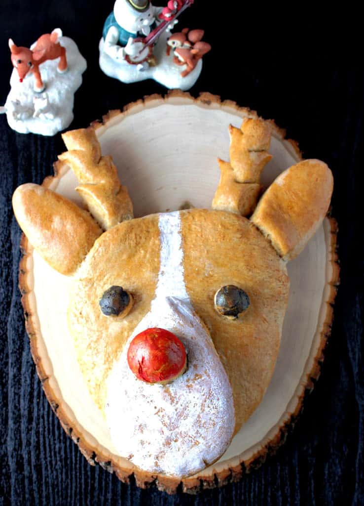 Vertical closeup overhead image of Rudolph bread with a red nose and antlers on a black background.