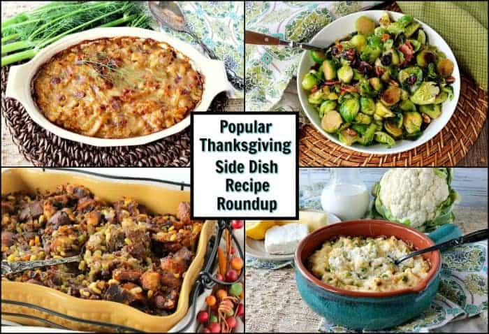 A photo collage with a title text overlay graphic in the center for Thanksgiving side dish recipe roundup