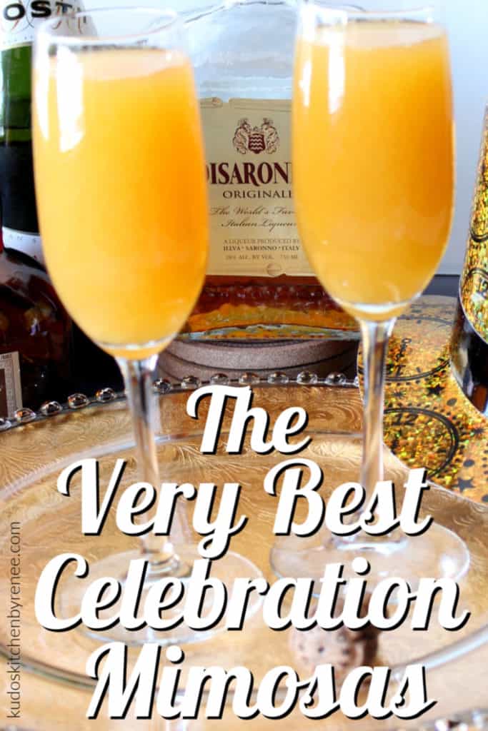 A vertical closeup title text image of two celebration mimosas on a platter with a bottle of amaretto in the background.