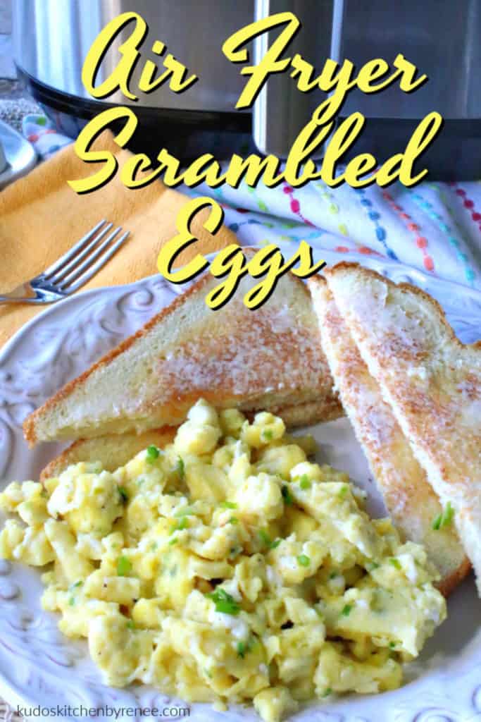 A closeup image of air fryer scrambled eggs on a white plate with toast and a title text overlay graphic