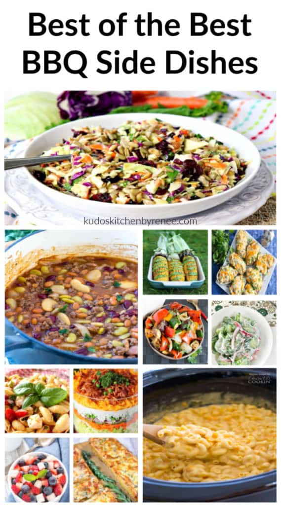 Vertical BBQ side dishes title text recipe collage images.