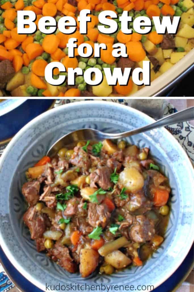 A collage image of beef stew for a crowd with a title text overlay graphic