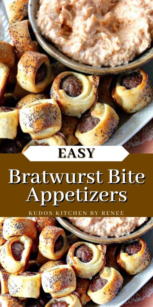 A vertical two image collage of Bratwurst Bite Appetizers along with a title text overlay graphic.