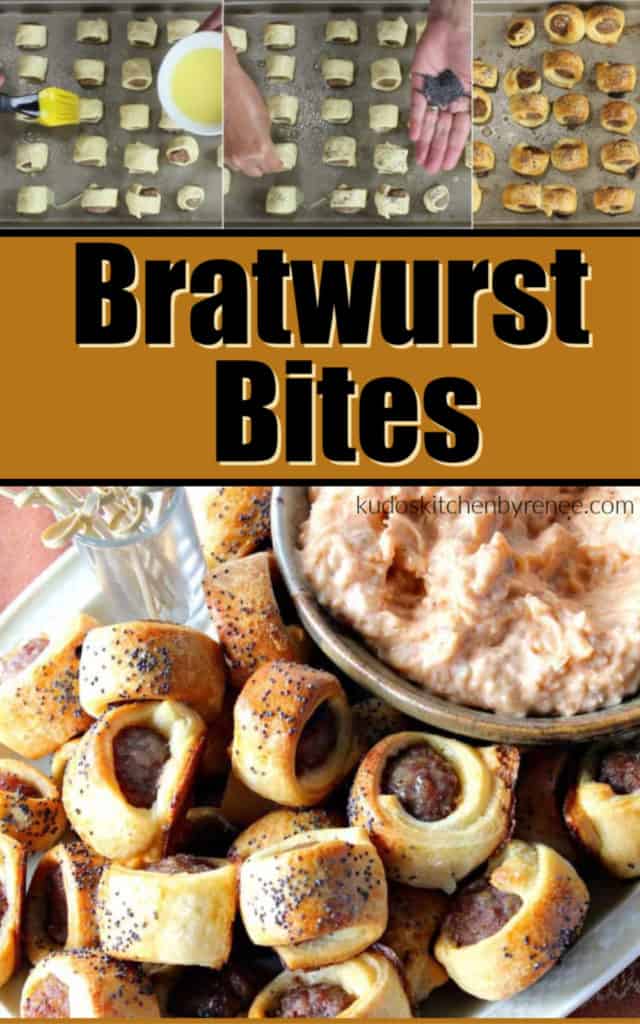A closeup vertical title text collage images of bratwurst appetizer bites on a plate with sauerkraut dipping sauce and a photo tutorial of how to make them.