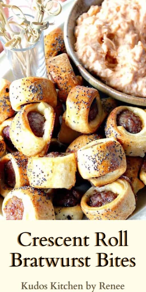 A Pinterest image with a title text for Crescent Roll Bratwurst Bites.