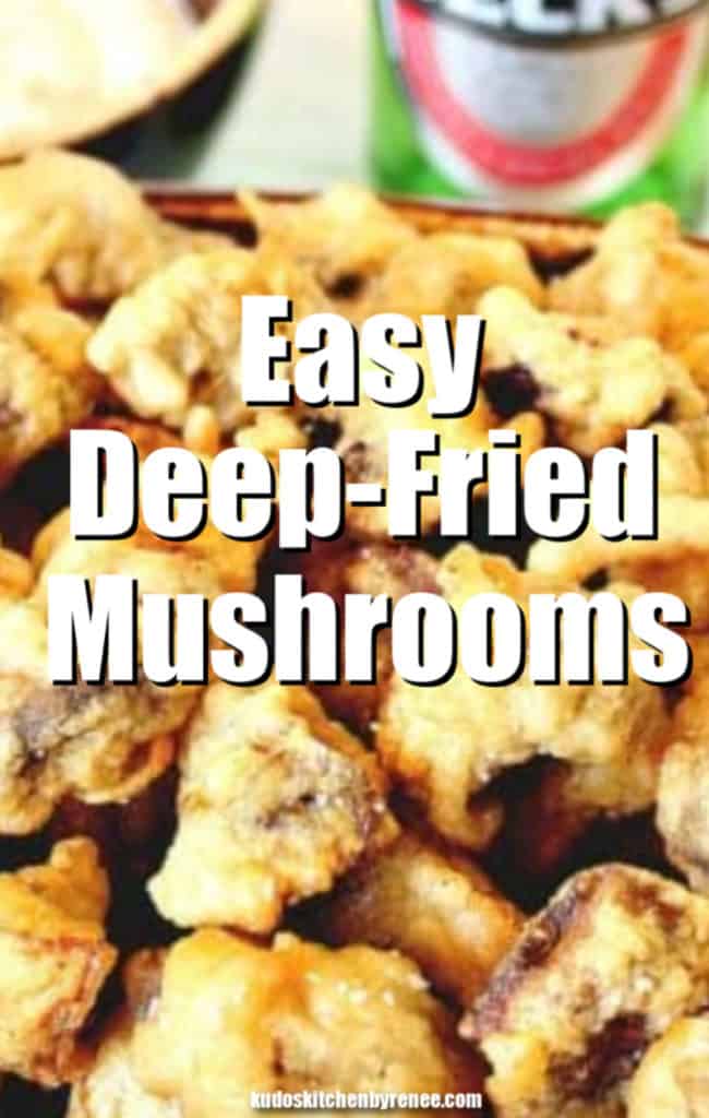 Extreme closeup vertical title text image of easy deep-fried mushrooms with a bottle of beer in the background.