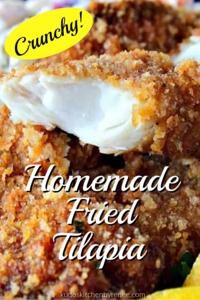 A vertical closeup title text image of the inside of a flaky piece of homemade deep fried fish.