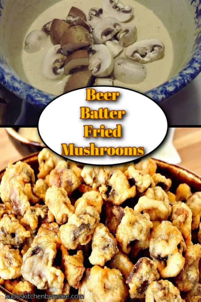 A vertical photo collage of beer batter fried mushrooms with an title text overlay graphic