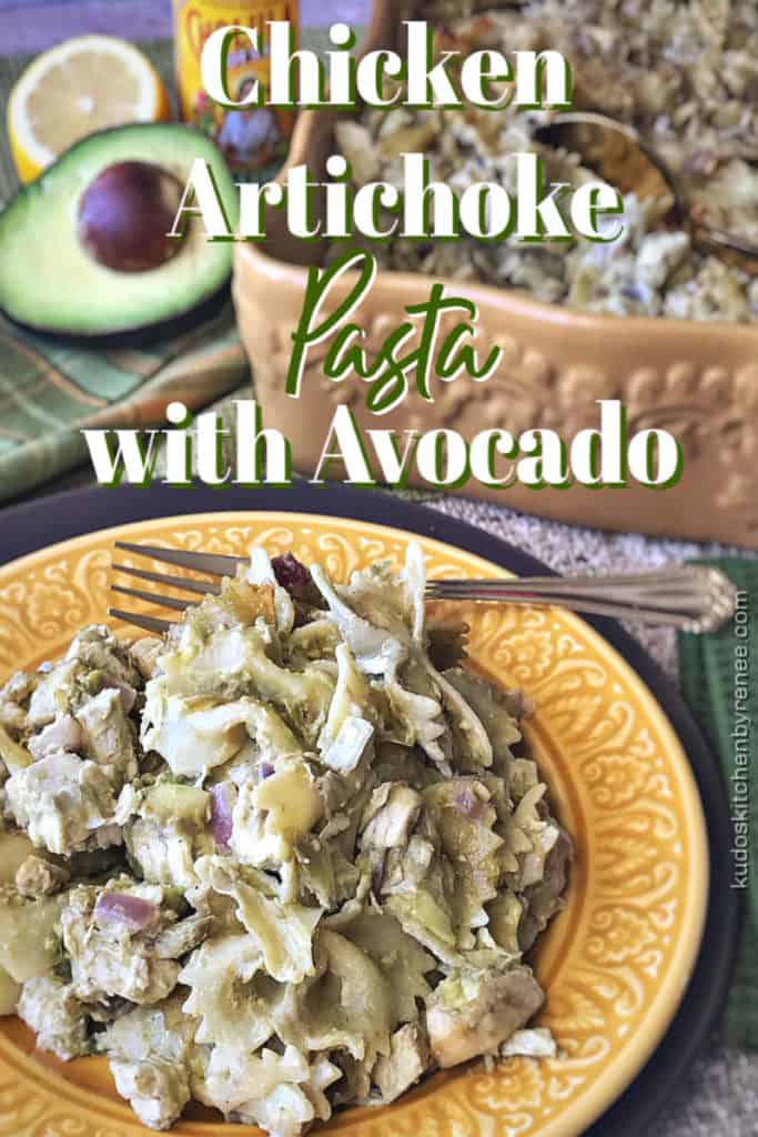 Vertical title text image of How to make chicken artichoke pasta with a plate of pasta, a fork, and a casserole dish.