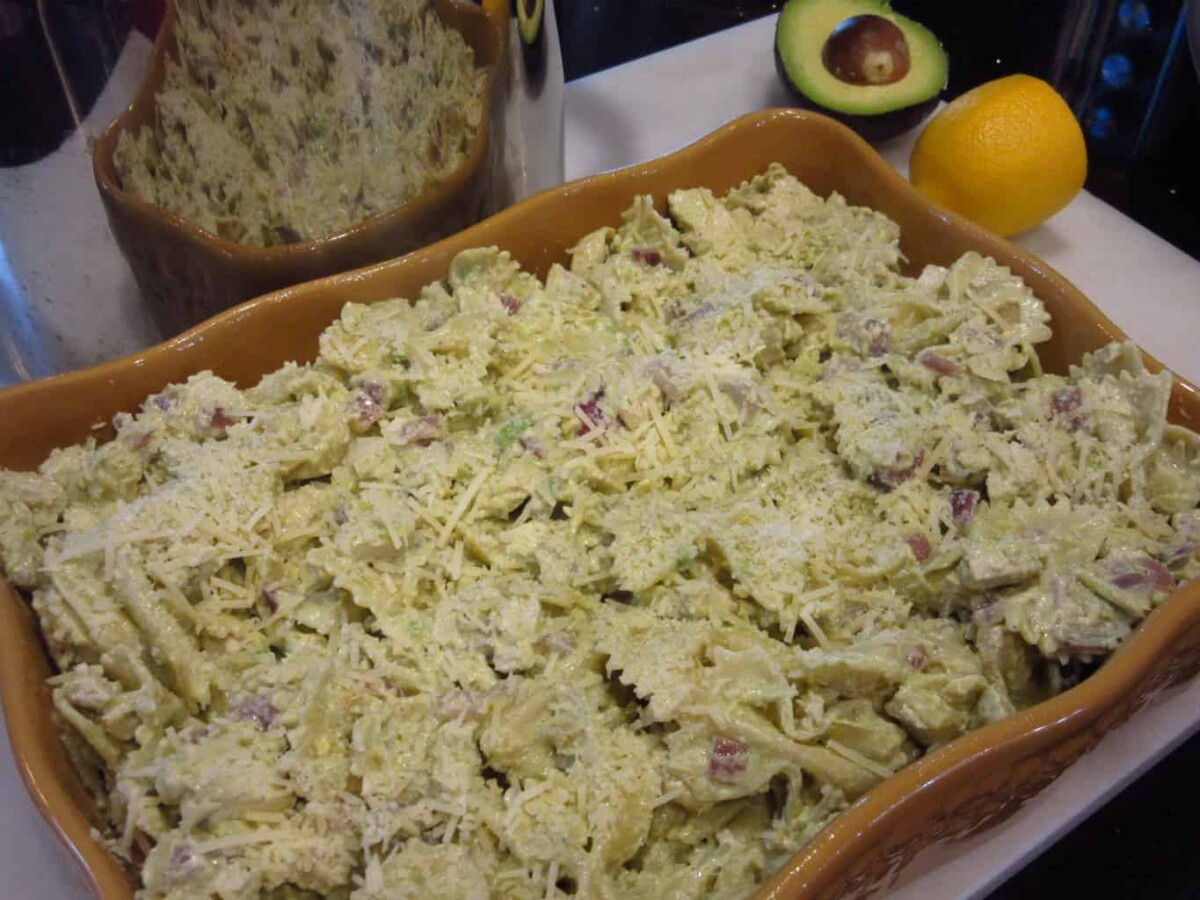 A chicken artichoke pasta bake before baking.