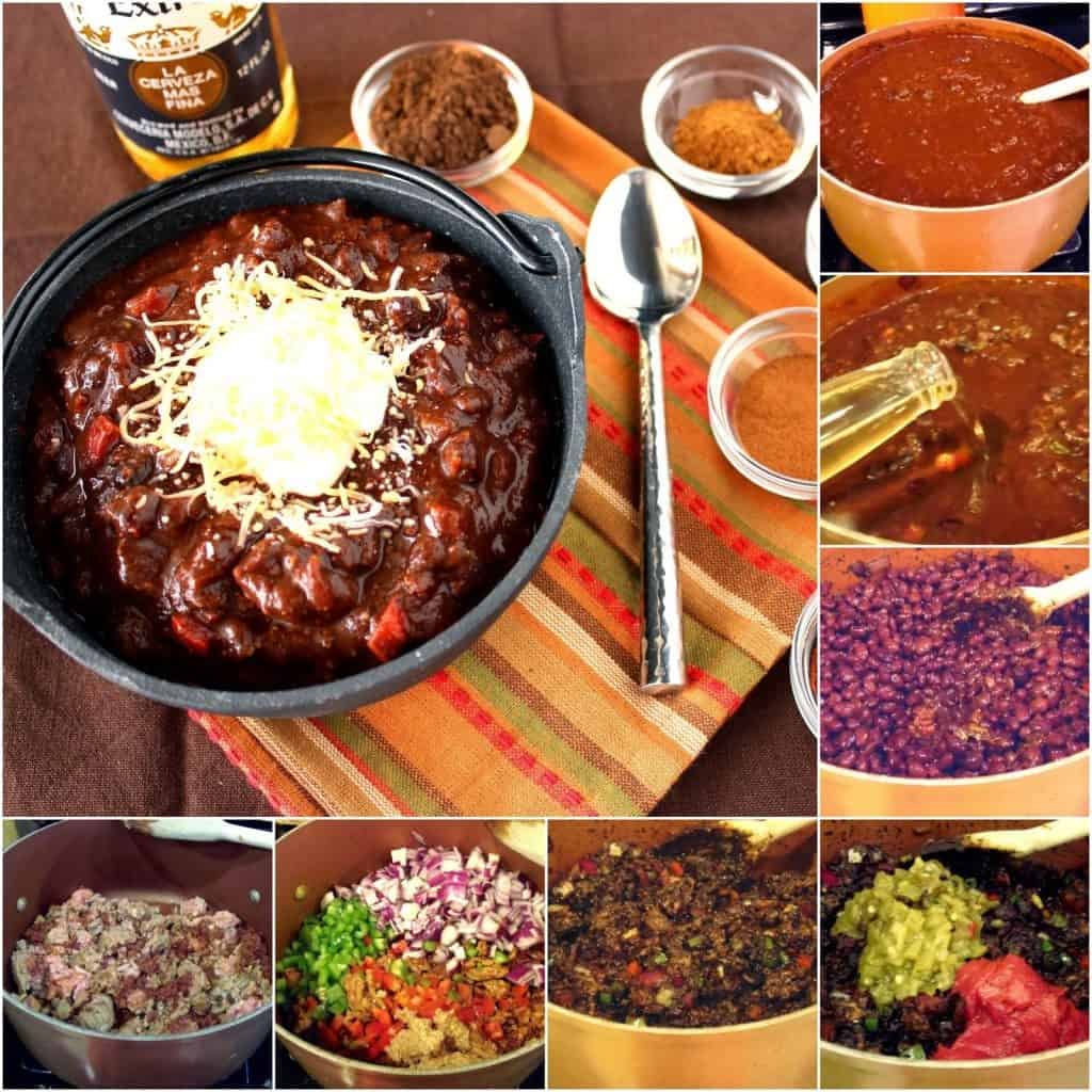 A square collage image of the process of making ole mole turkey chili.