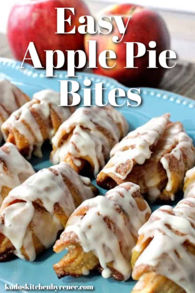 A very closeup vertical image of apple pie bites on a blue plate with big title text font.