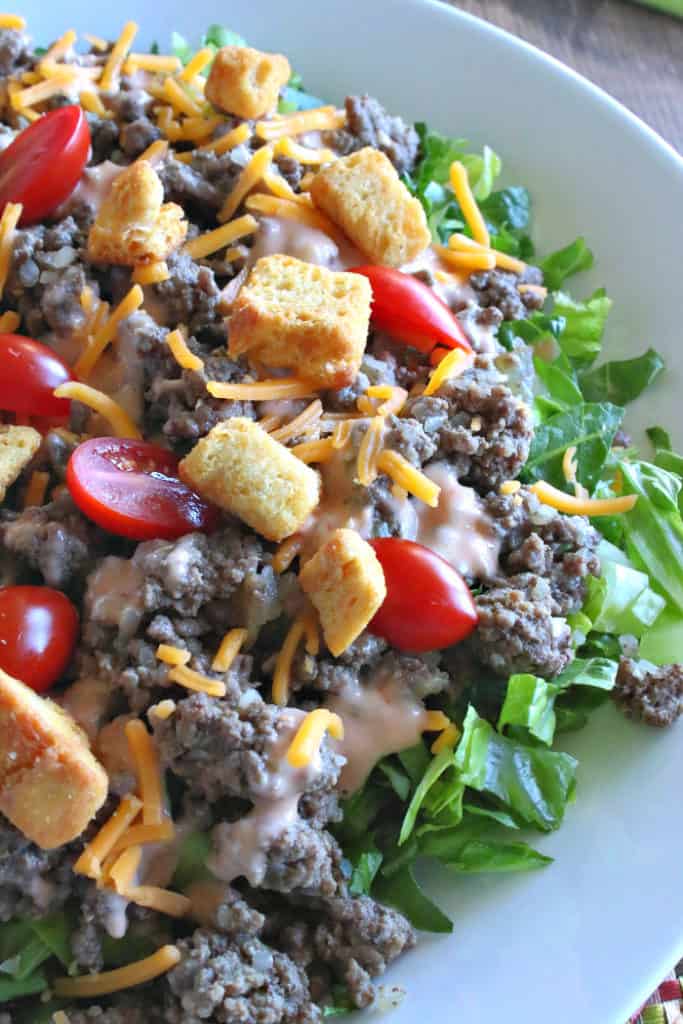 Closeup colorful vertical image of a main course big mac salad with ground beef, special sauce, cheddar cheese, tomatoes and romaine lettuce in a white bowl.