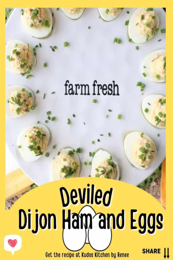 A vertical closeup of Deviled Ham and Eggs along with a title text overlay graphic in yellow, black and white.