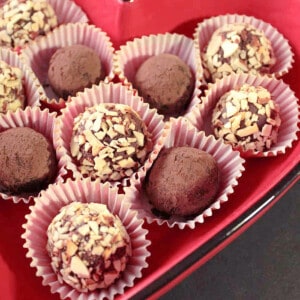 Mexican Chocolate Avocado Truffles in a red dish.