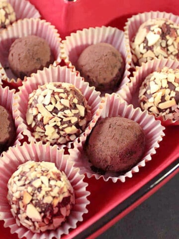 Mexican Chocolate Avocado Truffles in a red dish.