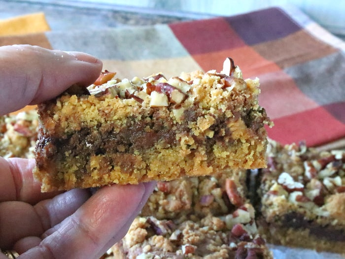 A closeup horizontal photo of a hand holding a layered Nutella cookie bar with pecans.